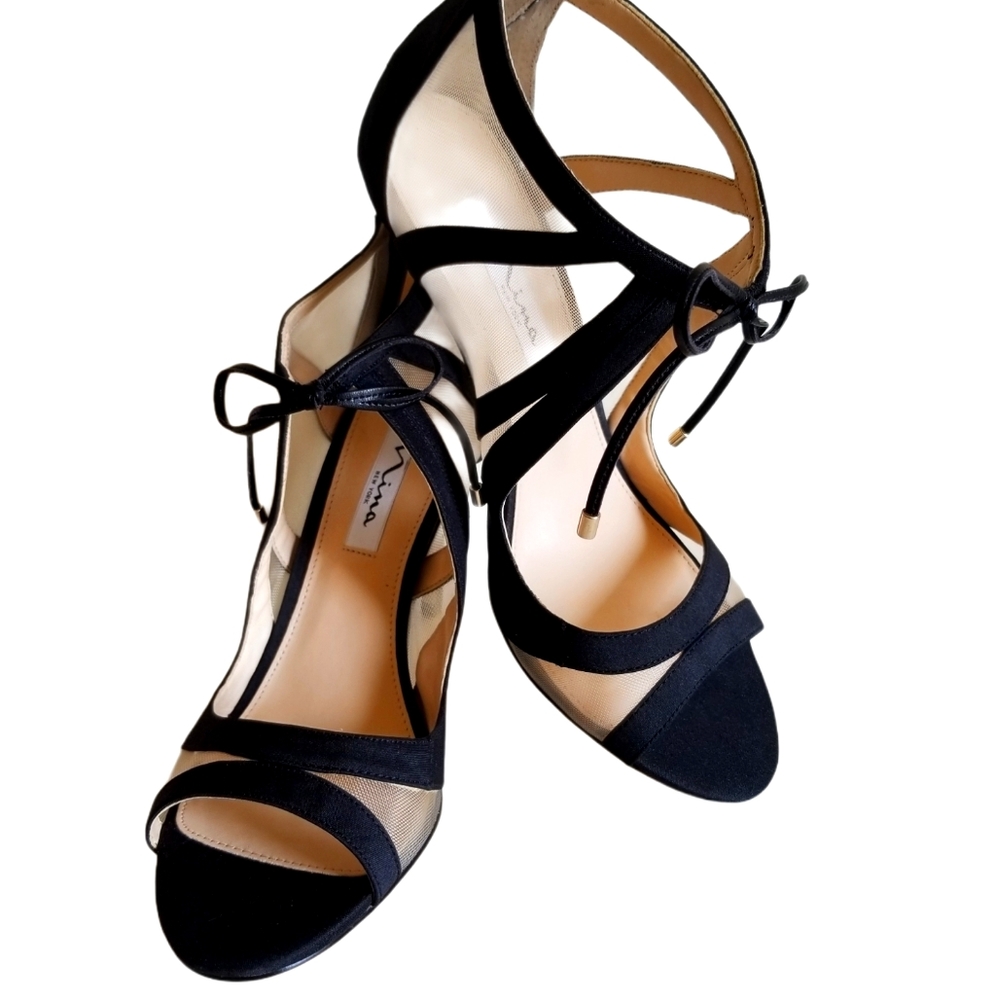 Nina NY Cherie Black Satin/Mesh Heels